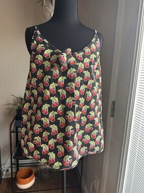 Handmade/Sewn Cherry Pattern Tank Top With Tie Front & Back- L/XL Sizing Cute